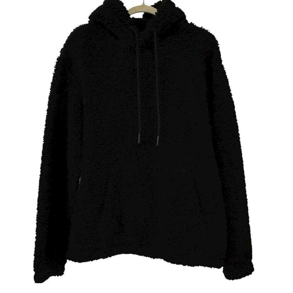 H&M Large Black Faux Sherpa Hoodie Sweatshirt Kangaroo Pocket Cozy Pullover